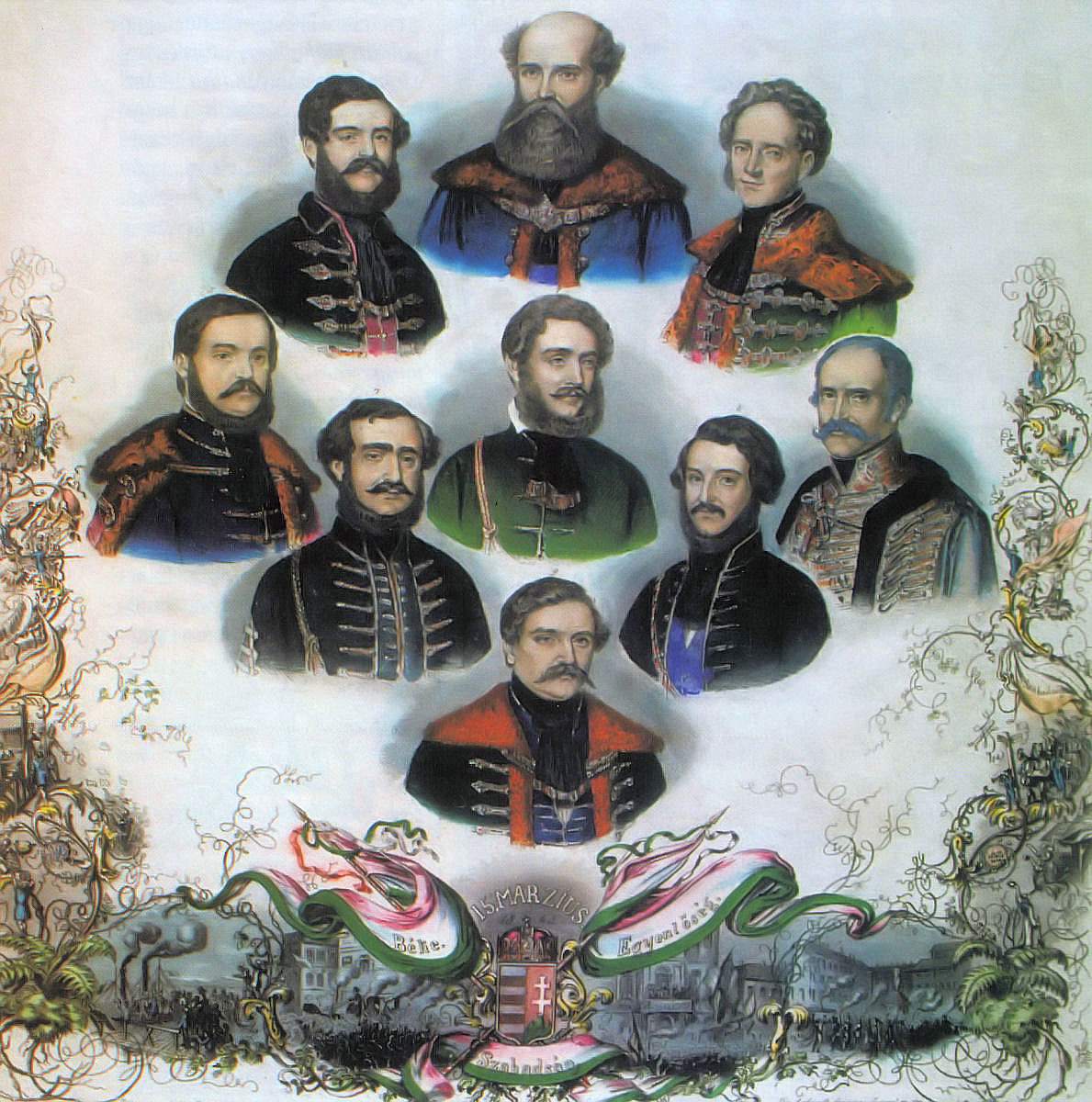 Coloured engraving — members of Hungary's first responsible government, 1848
