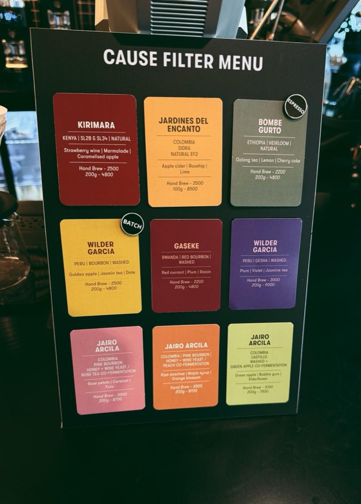 Cause Filter Menu board with bean cards