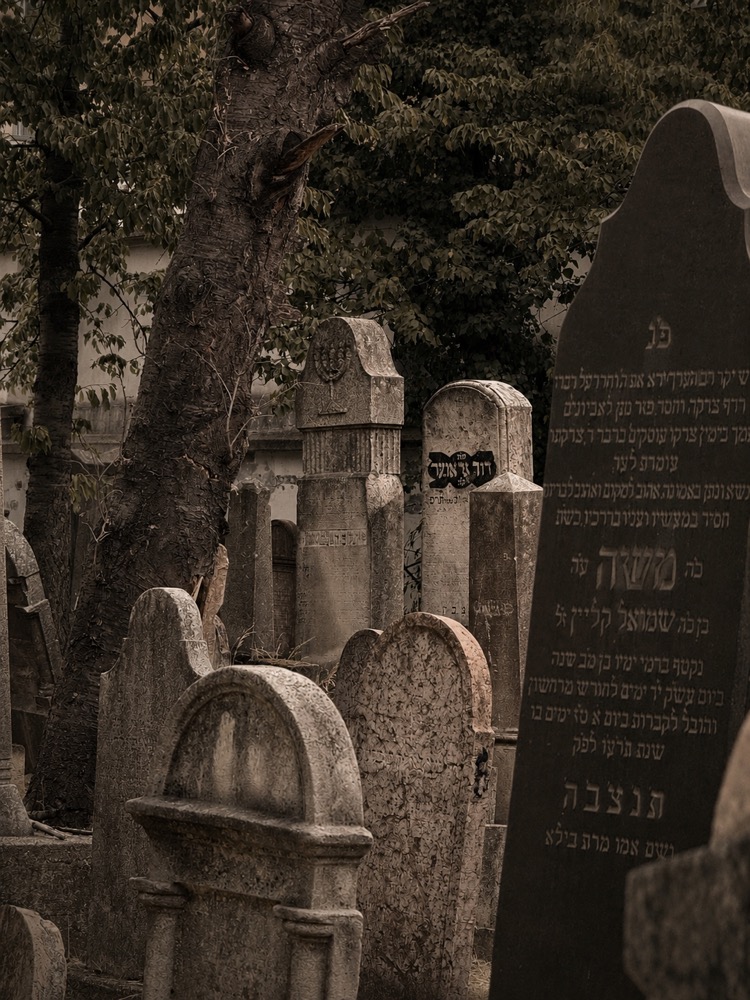 Gravestones against the backdrop of apartment buildings